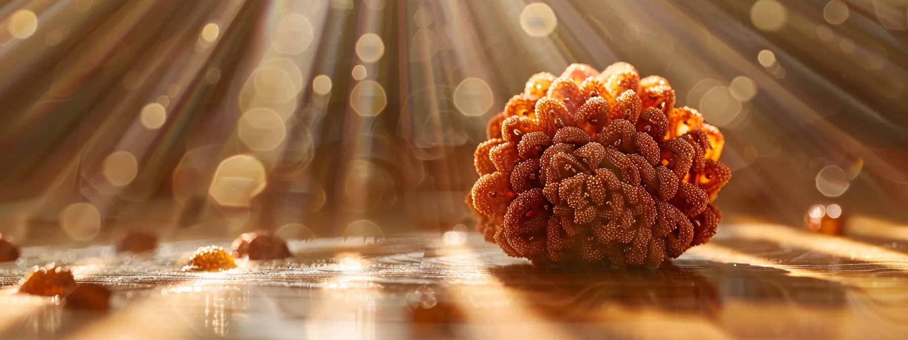 a close-up photo of the twenty one mukhi rudraksha, radiating a rare and powerful aura symbolizing prosperity and spiritual blessings.