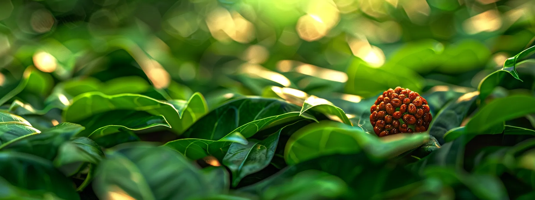 a close-up shot of a sparkling eight mukhi rudraksha bead resting on a bed of vibrant green leaves, radiating a sense of spiritual power and natural beauty.