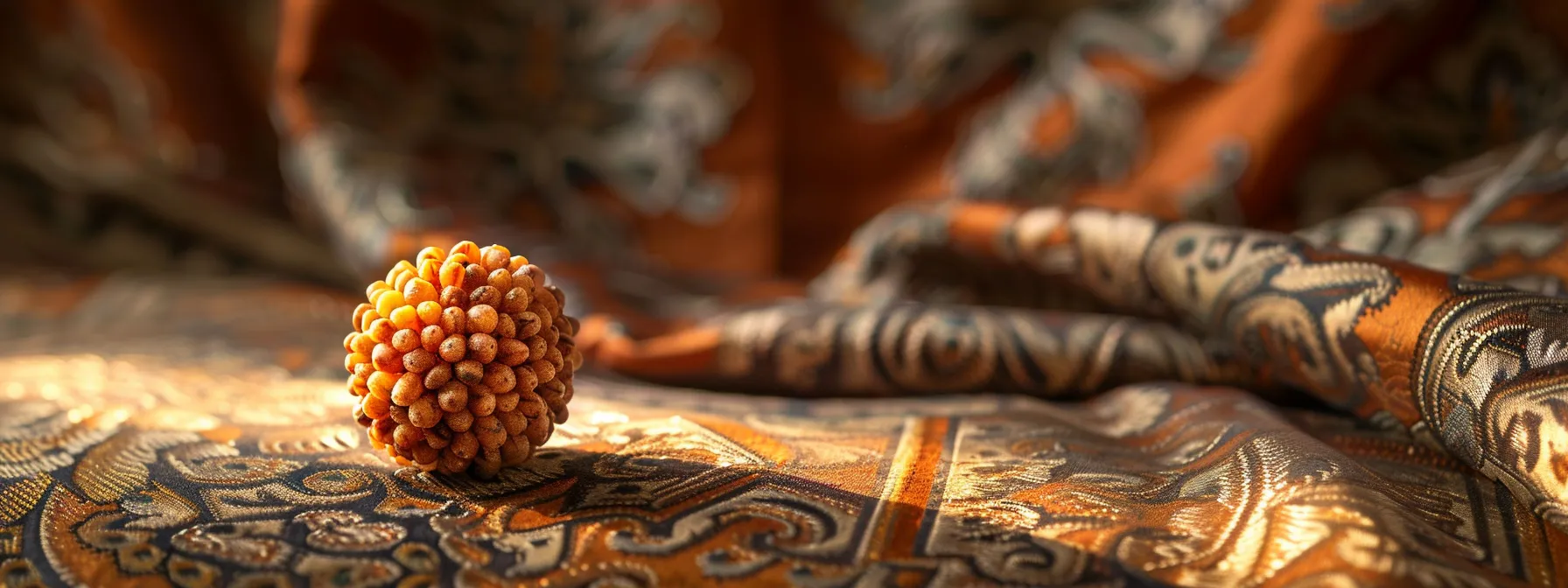 a close-up photo of a radiant twenty one mukhi rudraksha bead, symbolizing creativity and abundance, surrounded by traditional elements from the pashupatinath temple.