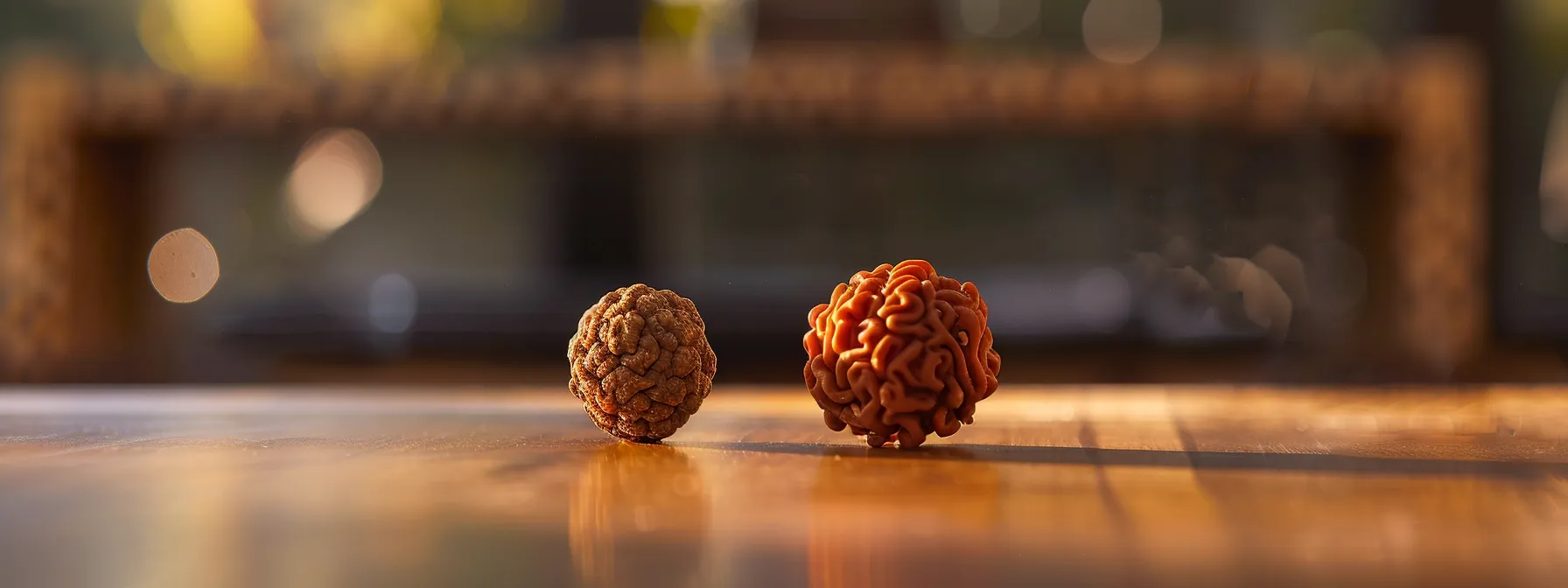 a close-up shot showcasing a genuine one mukhi rudraksha bead next to a clearly artificial, synthetic replica for comparison.