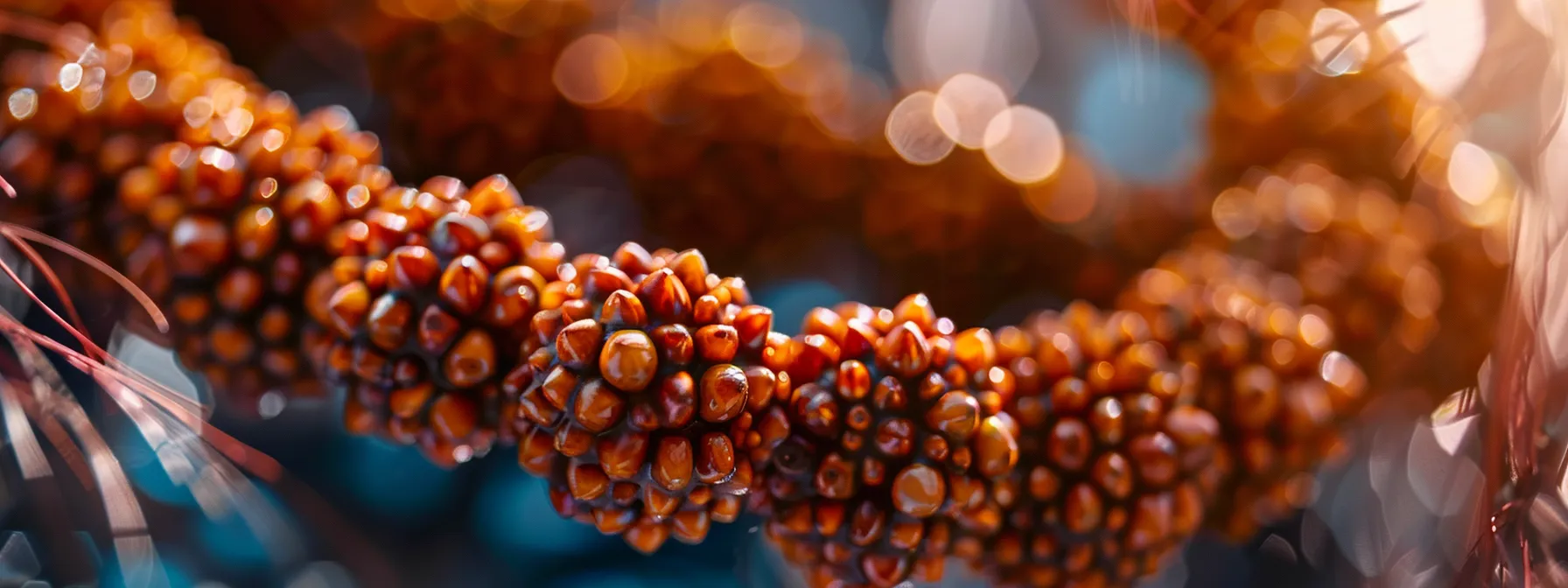 a close-up shot of a shimmering rudraksha bead bracelet, symbolizing spirituality and divine blessings.