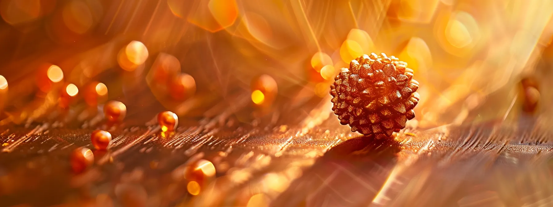 a close-up photo of a shimmering rudraksha bead, radiating authentic spiritual energy and sacred significance.