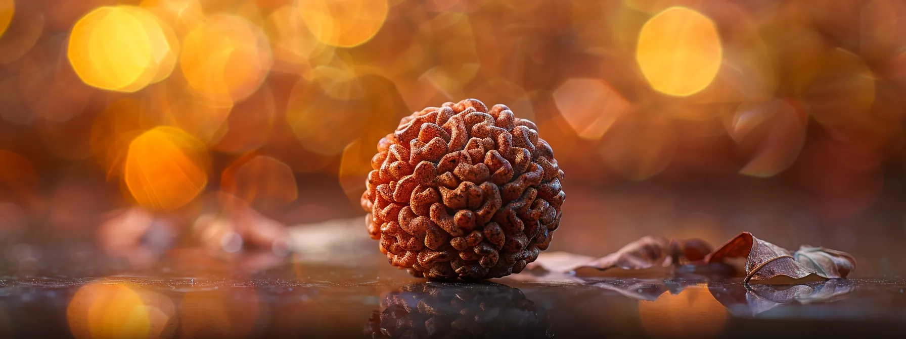 a close-up photo showcasing the unique texture and color variations of an authentic eight mukhi rudraksha bead.