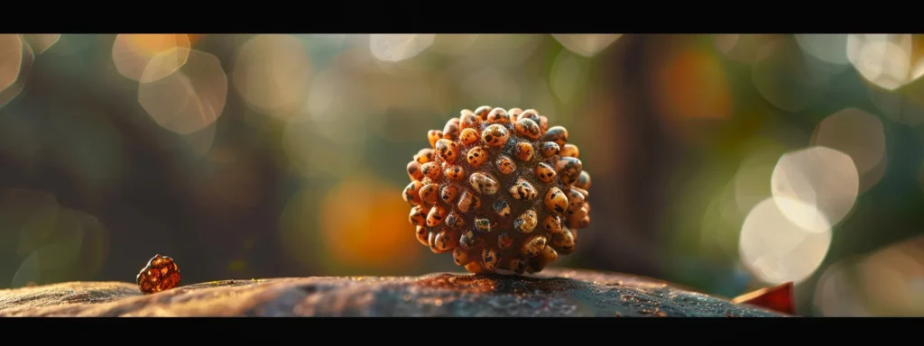 a close-up shot of a shimmering six mukhi rudraksha bead held under soft, natural light, revealing intricate details and ancient mystique.