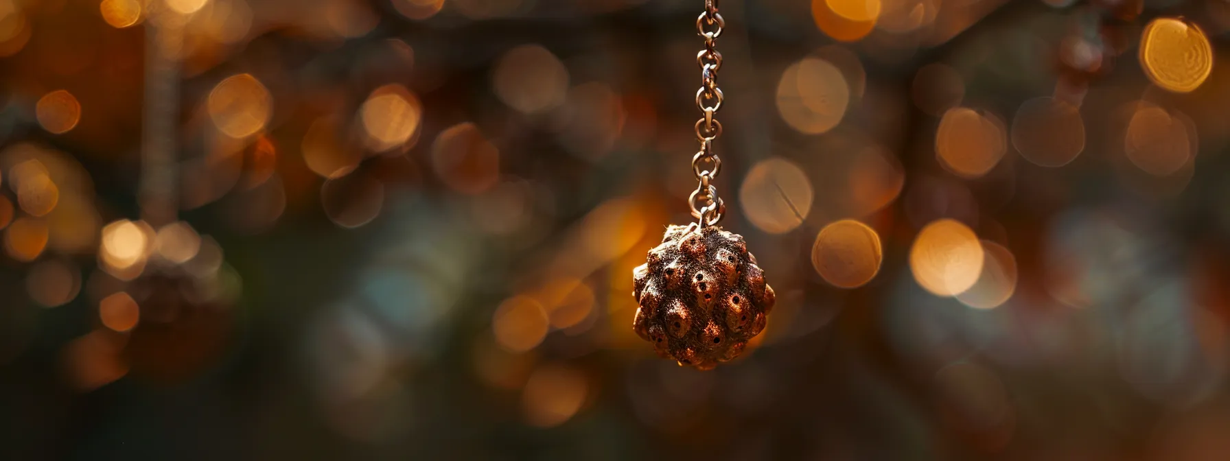 a close-up photo of a silver chain adorned with a three mukhi rudraksha hanging delicately, showcasing its sacred and stylish energy.