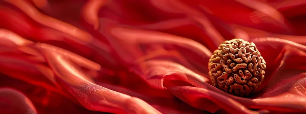 a close-up shot of a shiny, three-faced rudraksha bead resting on a bed of red silk fabric, highlighting its ancient and mystical origins.