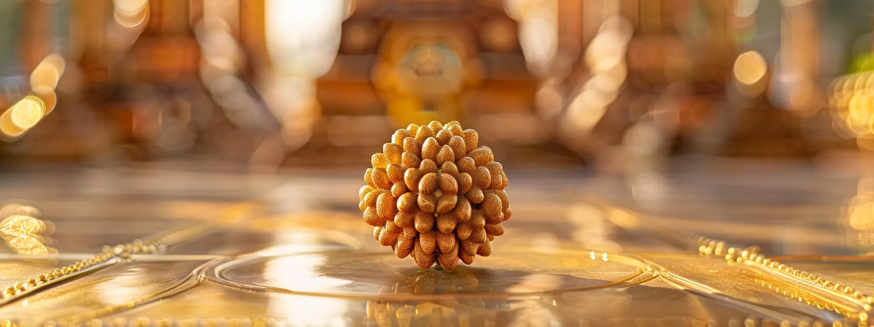 a close-up photo of a ten mukhi rudraksha seed on a golden altar, radiating a divine energy with intricate carvings symbolizing protection and guidance.