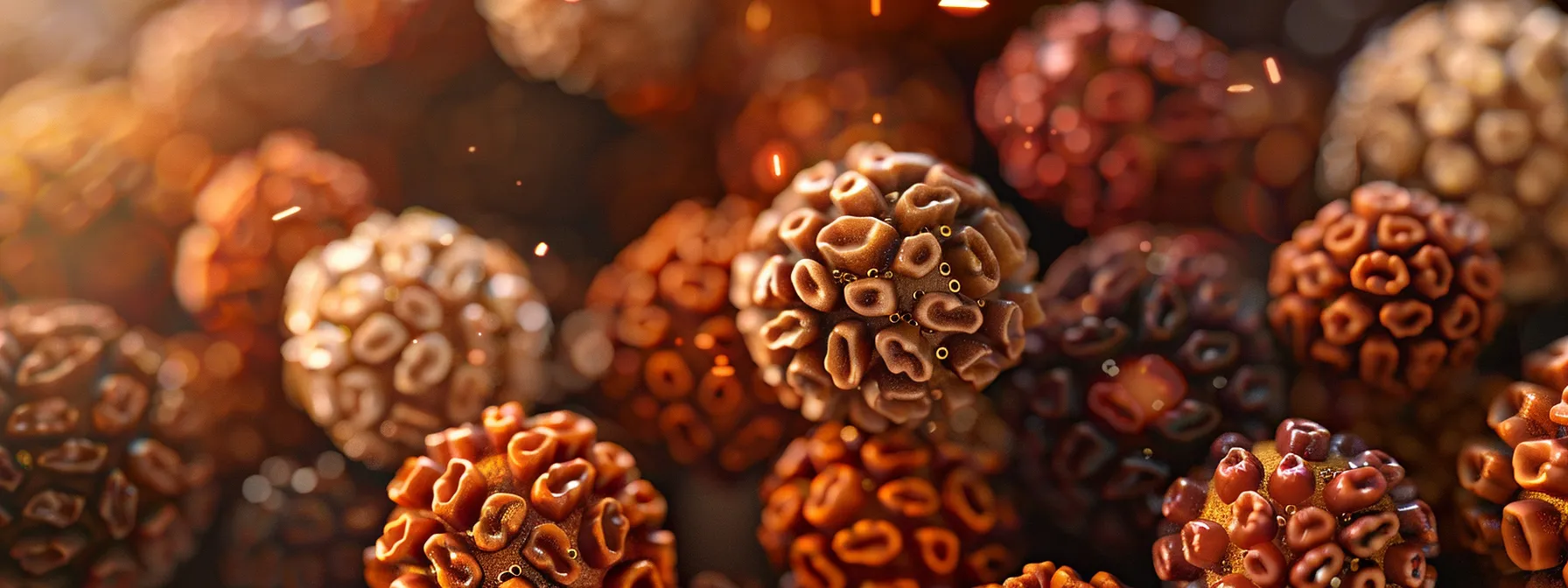 a close-up shot of various shiny rudraksha beads, each emanating a unique spiritual energy, symbolizing different healing properties and individual spiritual needs.