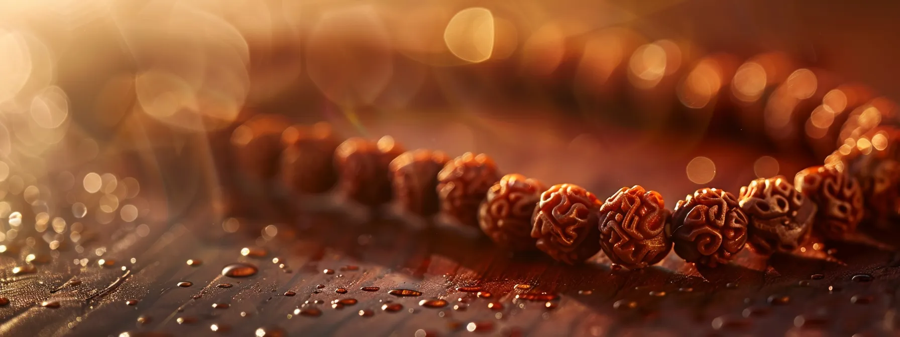 a close-up image of a sacred rudraksha bead necklace, reflecting the rich spiritual and cultural significance in ancient traditions.