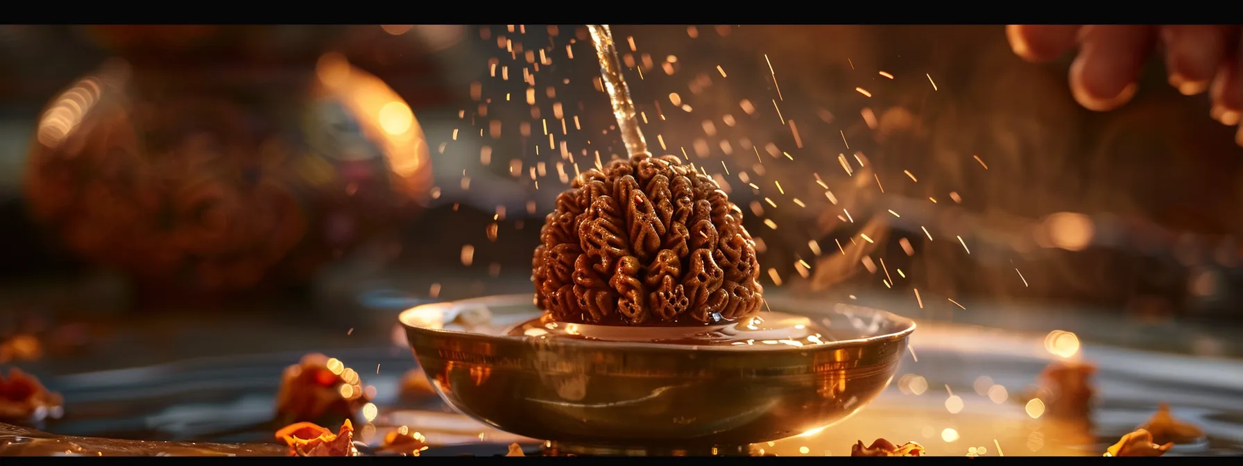 a close-up shot of a radiant twenty mukhi rudraksha bead being gently cleaned and polished, showcasing its spiritual integrity and vibrational qualities.