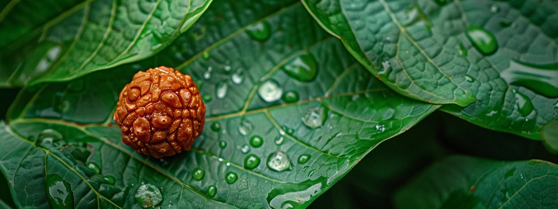 a close-up photo of a shiny rudraksha bead surrounded by vibrant green leaves, symbolizing its antioxidant properties and natural healing effects.