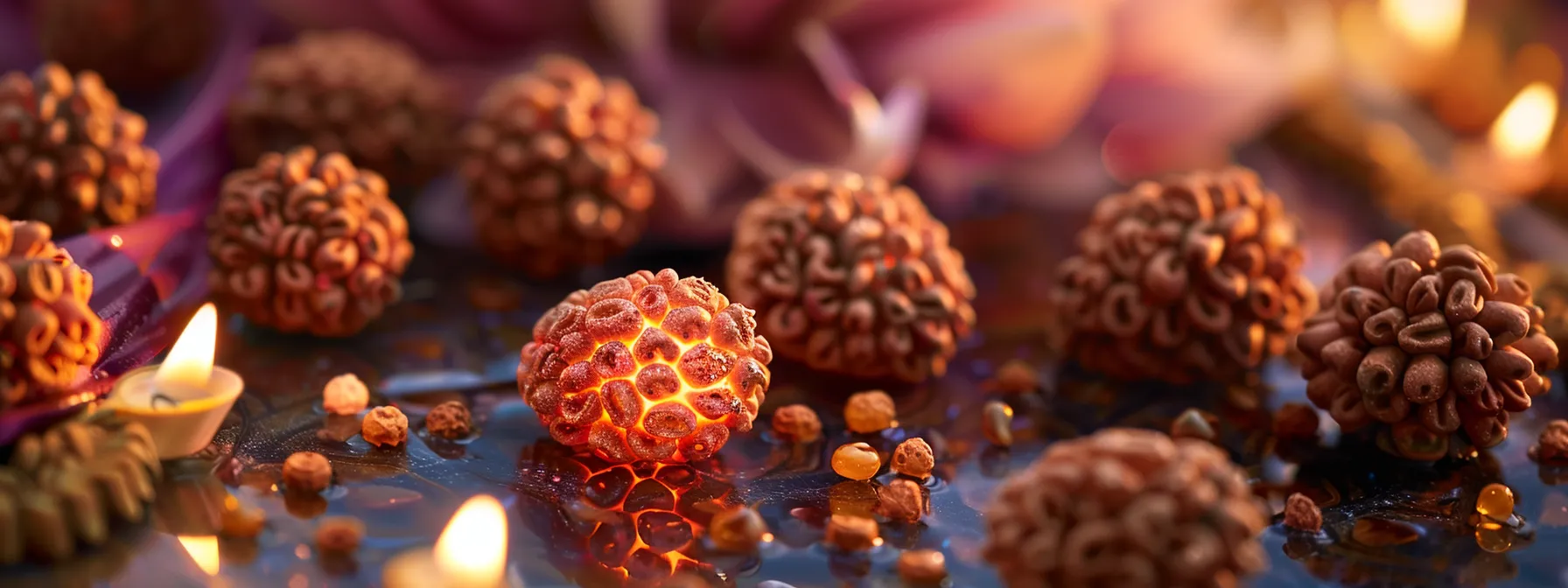 a close-up shot of a genuine eight mukhi rudraksha bead glowing authentically, surrounded by various fake beads with obvious synthetic appearance and artificial carving, emphasizing the importance of identifying counterfeits in spiritual practices.