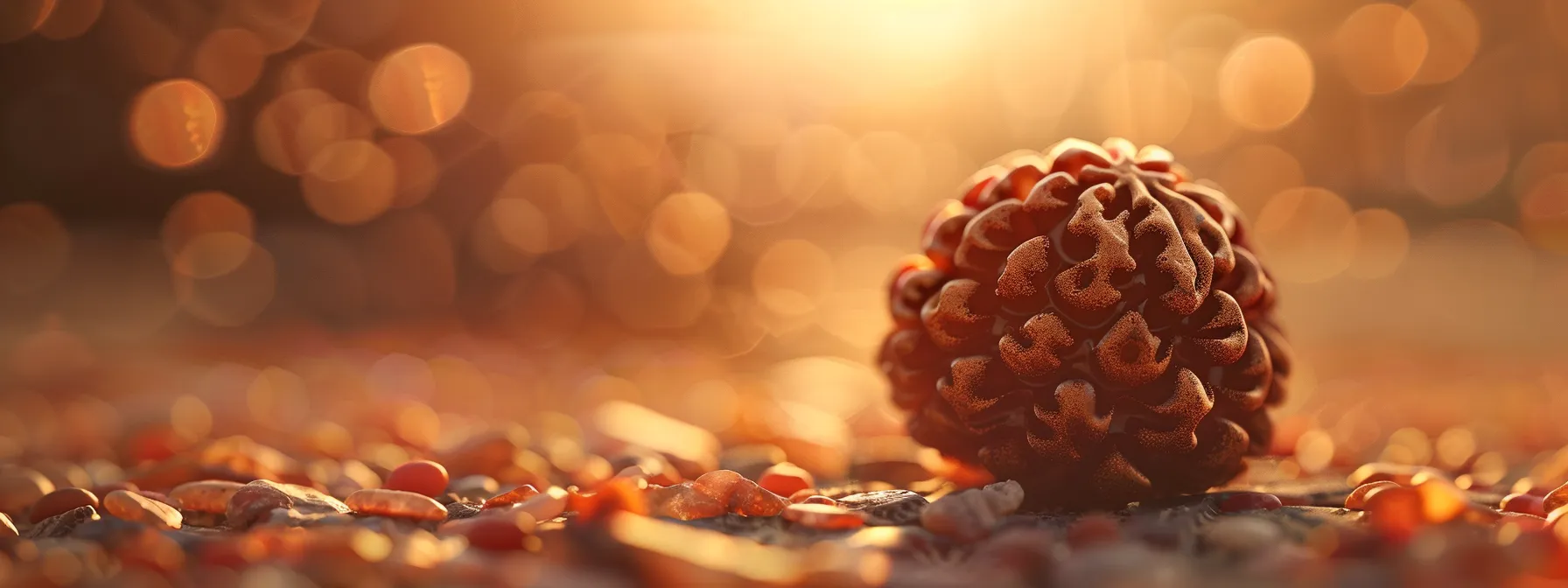 a close-up shot of a shimmering fifteen mukhi rudraksha bead, radiating a powerful and spiritual energy.