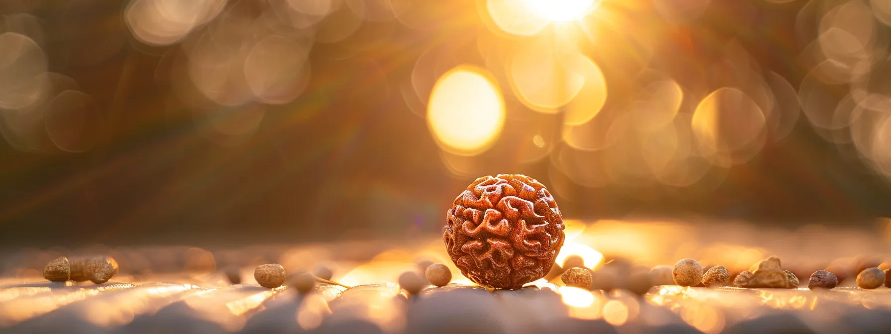 a close-up photo of a shimmering ten mukhi rudraksha bead, radiating divine energy and spiritual significance, surrounded by soft, ethereal light.