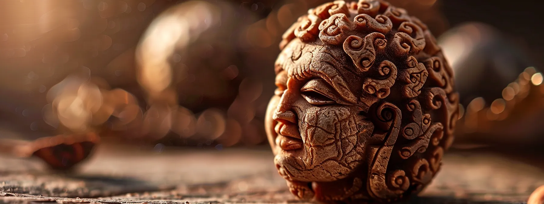 a close-up of a four mukhi rudraksha seed, showcasing its intricate four faces and spiritual significance.