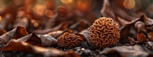 a close-up shot of a rare, intricate twenty mukhi rudraksha bead, showcasing its unique texture and natural beauty.