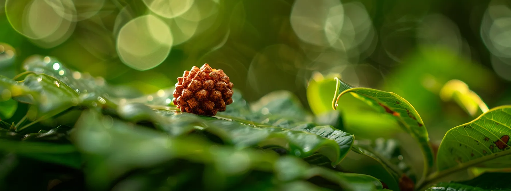 a close-up photo of a glowing, authentic rudraksha bead resting peacefully on a bed of vibrant green leaves, exuding a sense of natural purity and spiritual energy.