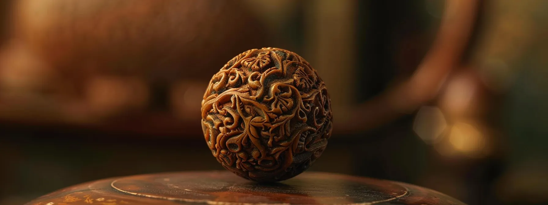 a close-up photo of a counterfeit three mukhi rudraksha bead reveals artificial line engravings and unnatural polishing, highlighting the signs of tampering and inauthenticity.