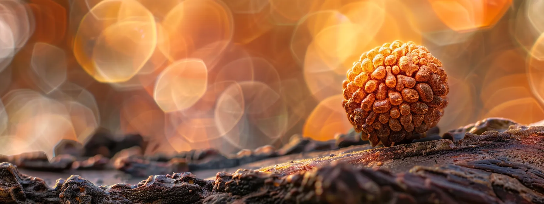 a close-up photo of a vibrant, textured rudraksha bead under a microscope, revealing its intricate physical structure and natural beauty.