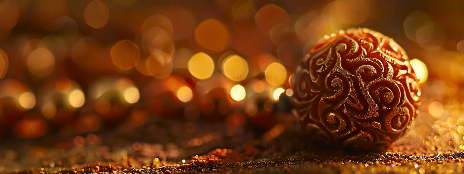 a close-up photo of a counterfeit rudraksha bead with synthetic shine and carved fake symbols, highlighting the lack of authentic energy.