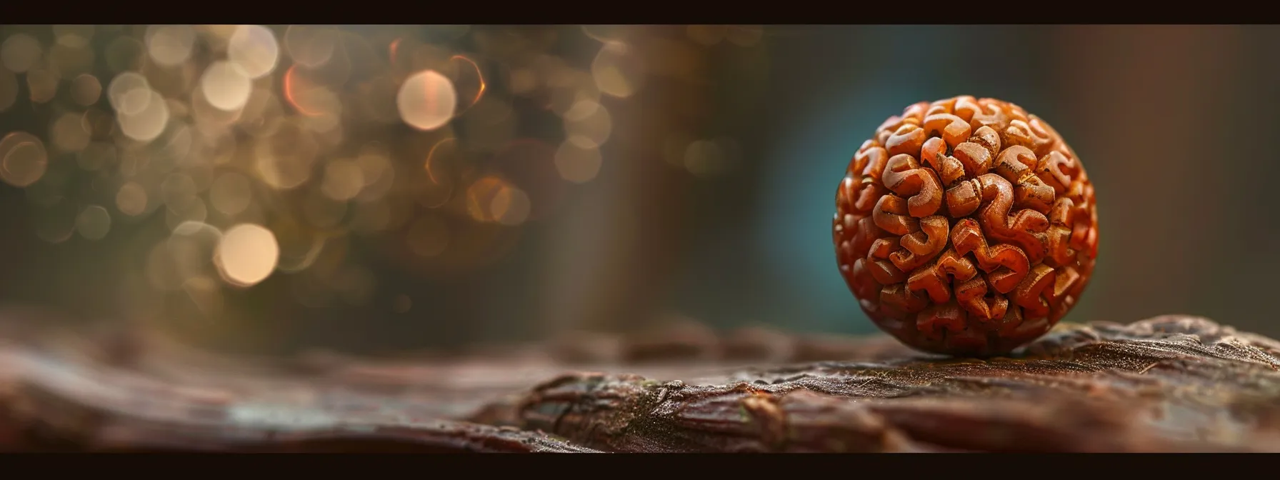 a close-up photo of a rudraksha bead, showcasing its intricate texture and spiritual allure.