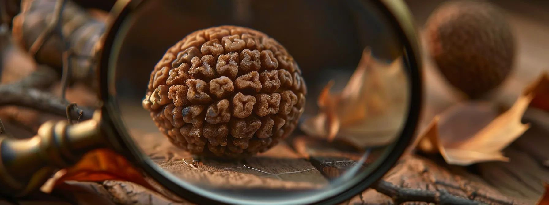 a close-up photo of a nineteen mukhi rudraksha showcasing natural textures and imperfections, with a magnifying glass highlighting artificial carving lines and glue marks.