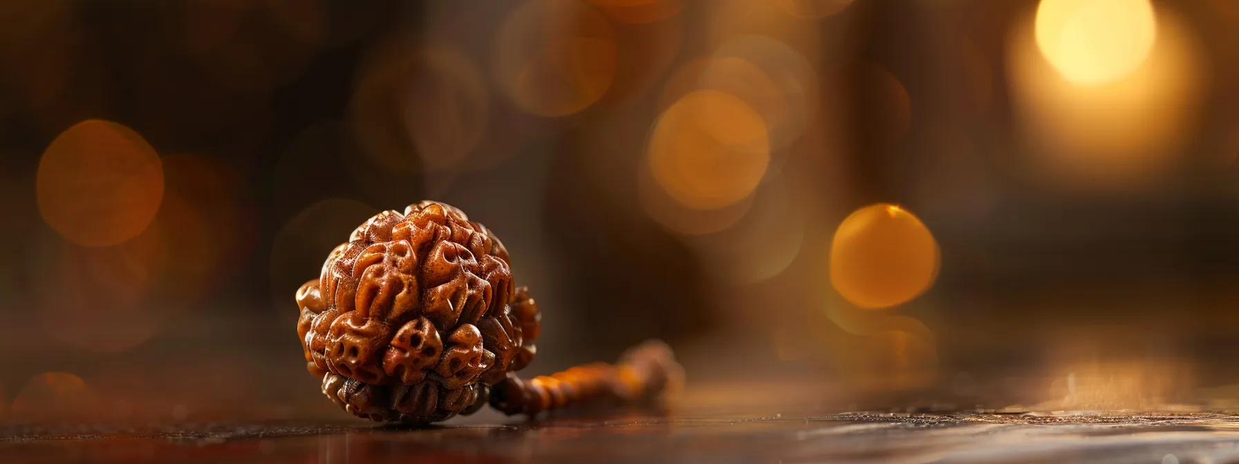 a close-up photo of a gleaming four mukhi rudraksha pendant, showcasing its intricate four-faced design and spiritual significance.