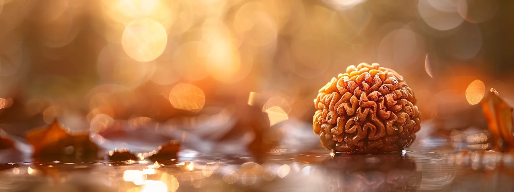 a close-up photo of a shimmering sixteen mukhi rudraksha bead, symbolizing divine energy and spiritual connection.