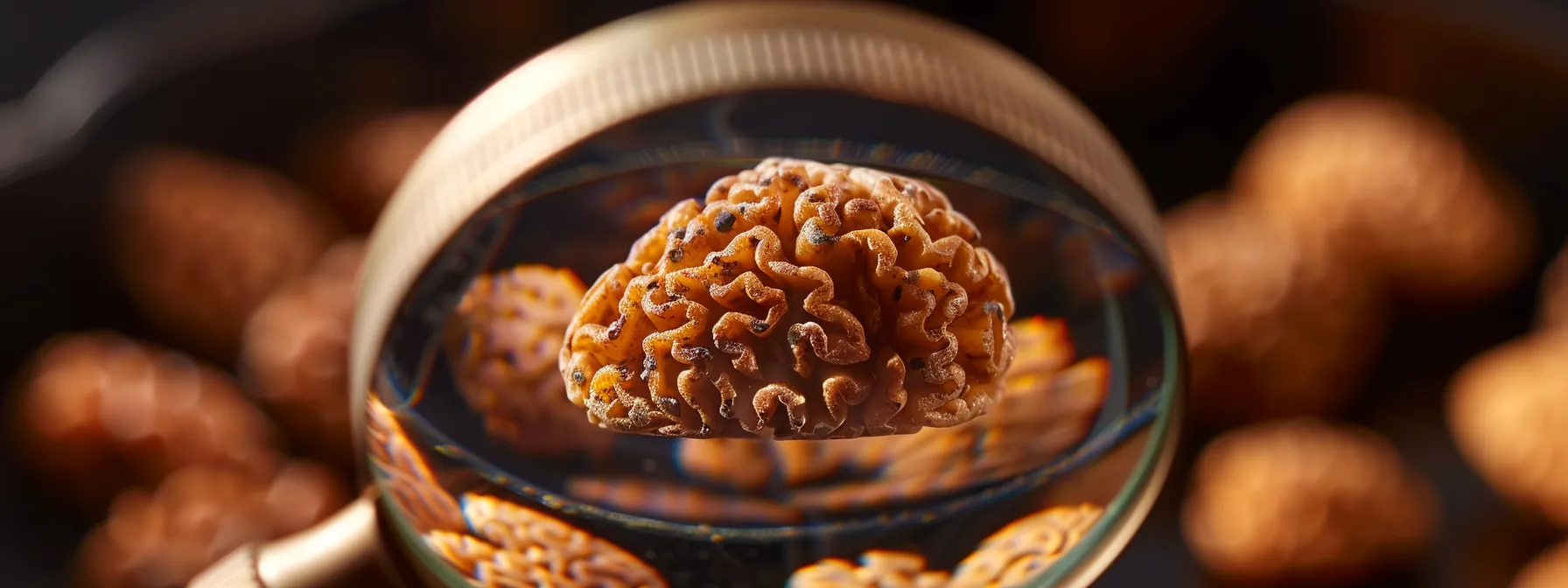 a close-up photo featuring a single mukhi rudraksha under a magnifying glass, showcasing its unique physical features.