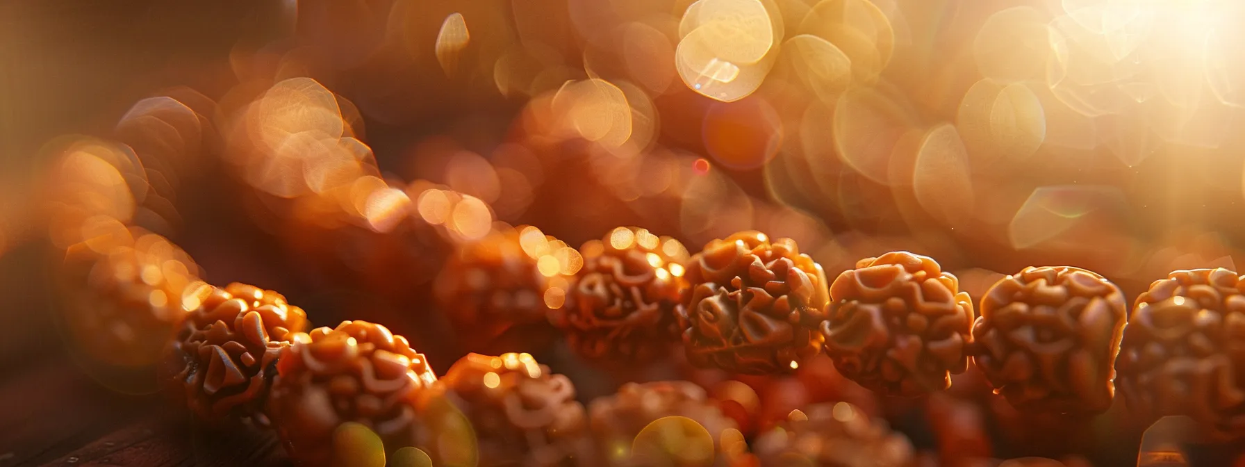 a close-up of a string of intricate rudraksha beads shimmering in the light, symbolizing spiritual connection and universal significance.