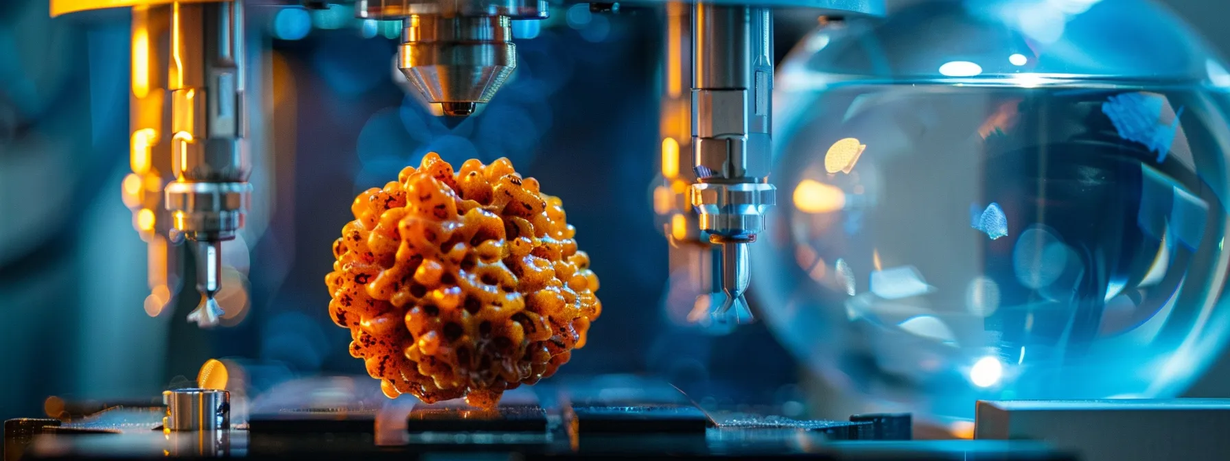 a close-up view of a nine mukhi rudraksha bead under an x-ray machine, revealing its intricate internal structure for authenticity confirmation in a scientific laboratory setting.