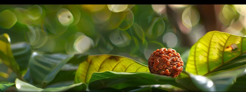 a close-up photo of a shiny, three-faced rudraksha bead resting on a bed of vibrant green leaves, exuding a sense of peace and spirituality.