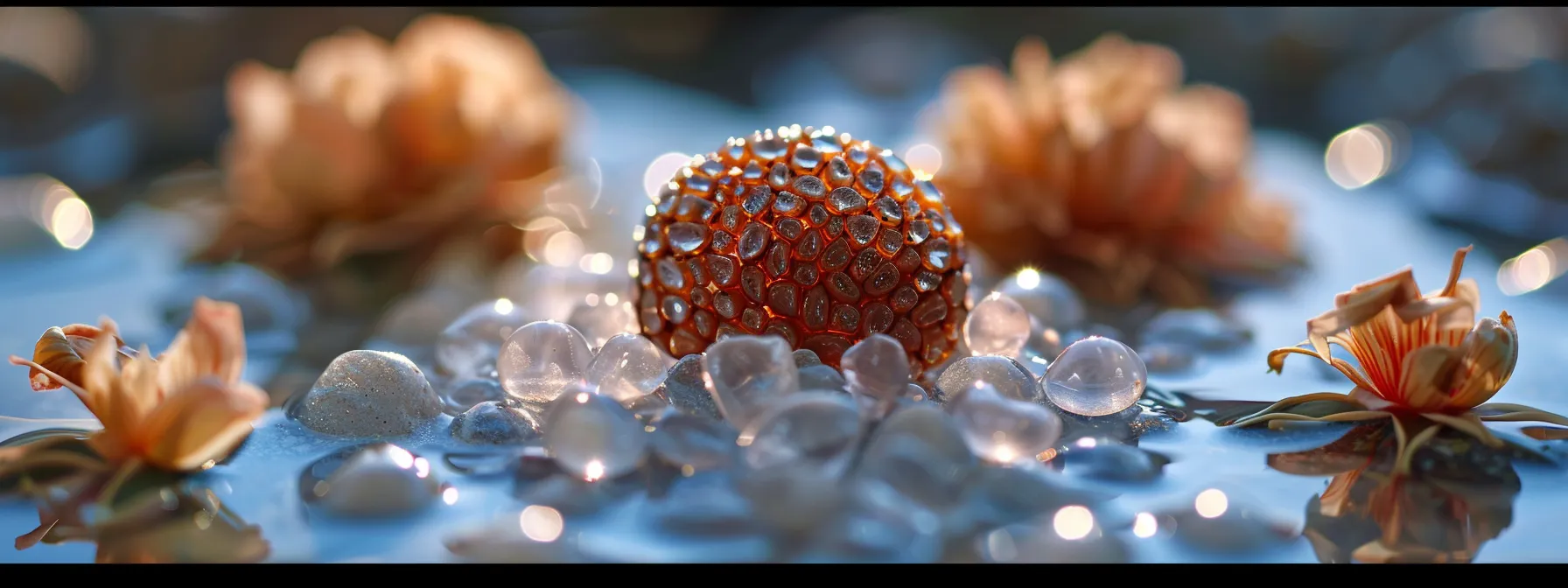 a close-up shot of a one mukhi rudraksha bead, glistening with spiritual significance and surrounded by delicate opal stones.