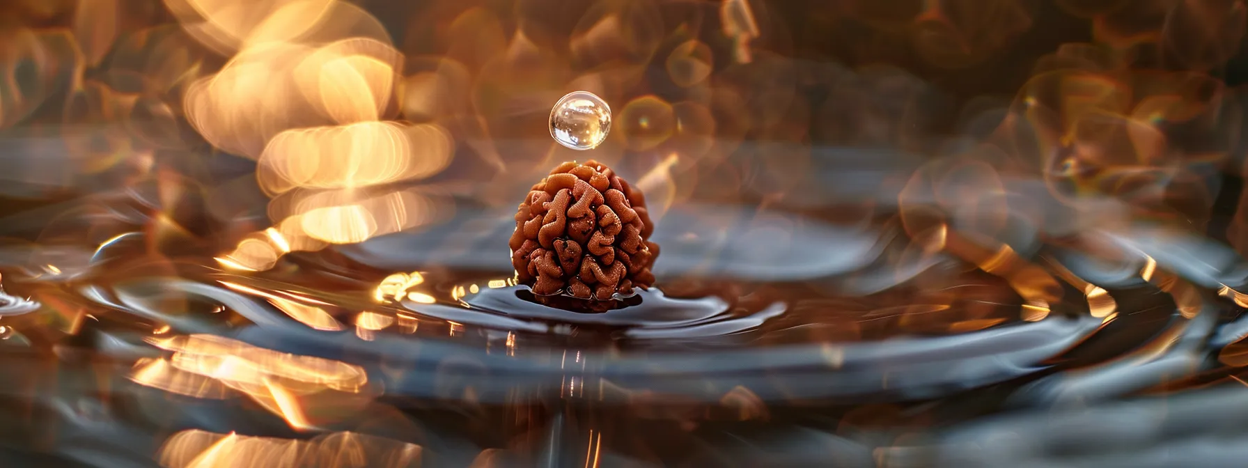 a close-up shot of a one mukhi rudraksha bead resting on a bed of sacred water, exuding a divine and powerful aura.