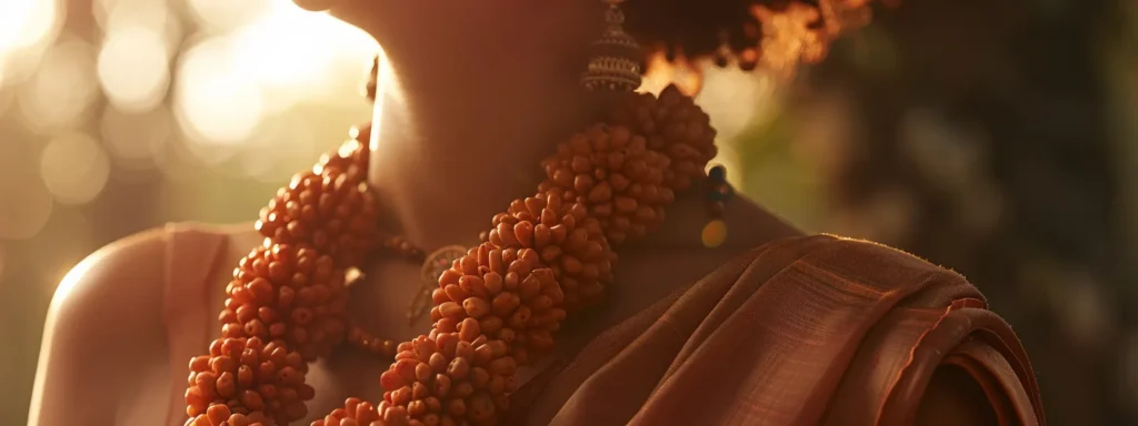 a close-up shot of a serene individual wearing a stunning sixteen mukhi rudraksha necklace, exuding a sense of peace and spiritual connection.