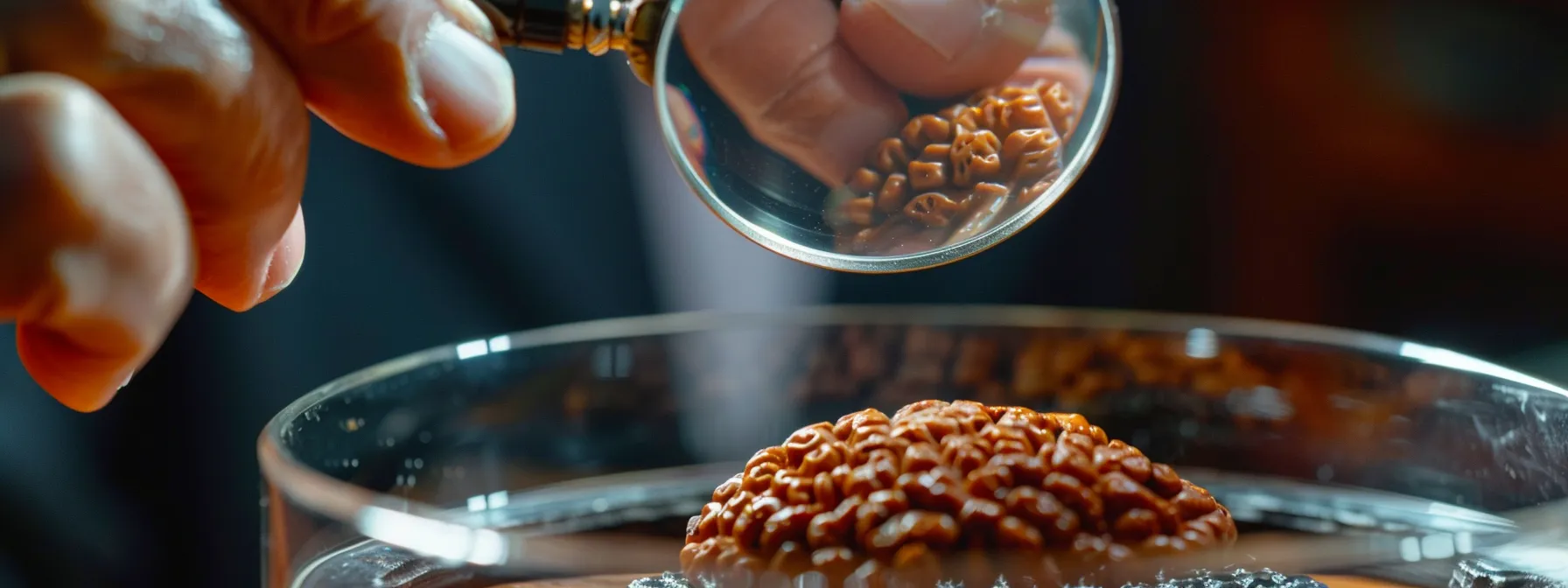 a close-up photo of a twenty one mukhi rudraksha being examined under a magnifying glass by a certified expert, highlighting the intricate details and authenticity verification process.