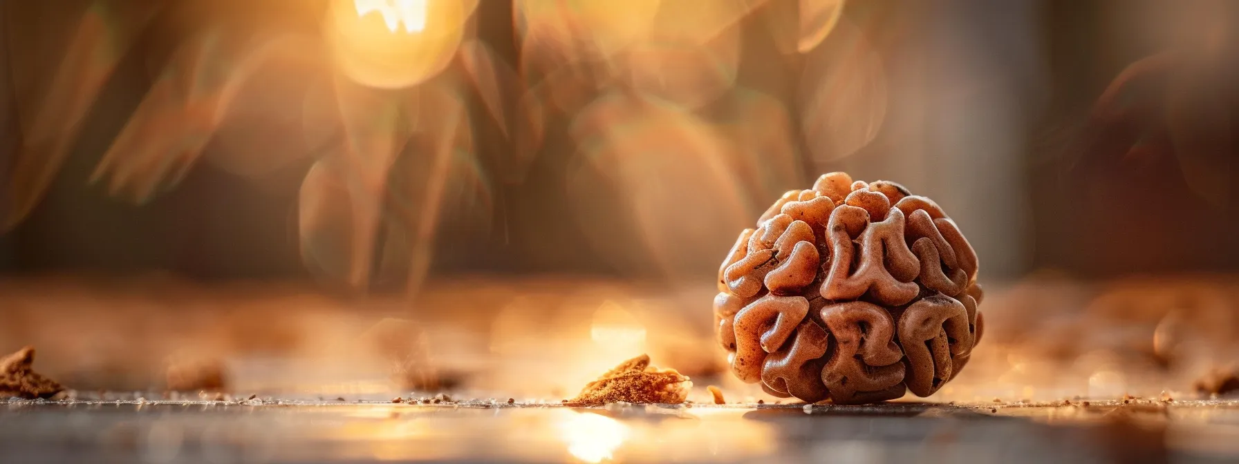 a close-up photo of a shimmering eleven mukhi rudraksha, exuding a sense of spiritual grounding and peace.