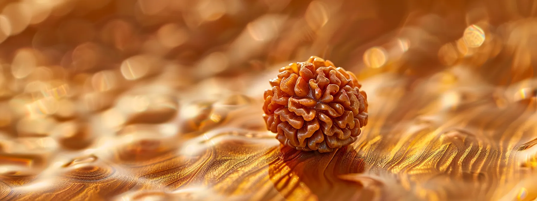 a close-up photo of a shimmering six mukhi rudraksha bead, exuding a sense of sacred energy and prosperity.