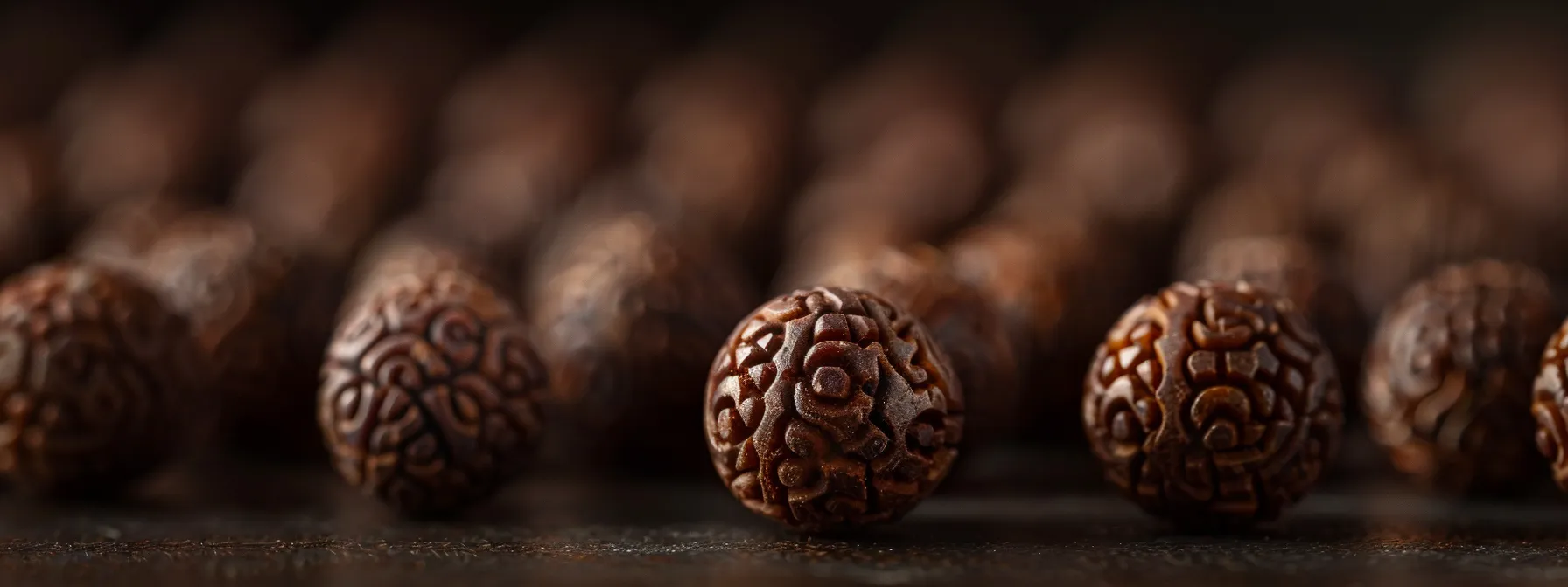 a close-up photo of intricate, sacred rudraksha beads arranged on a smooth, dark surface.