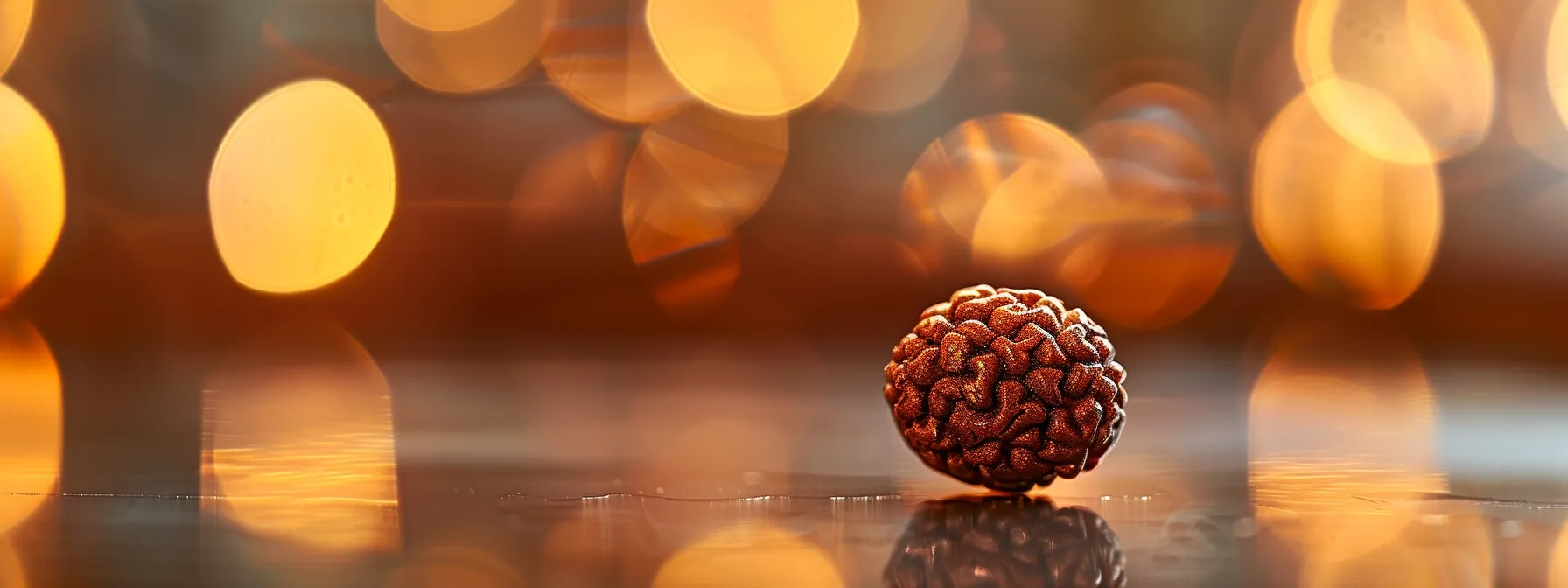 a close-up photo of a gleaming four mukhi rudraksha bead, with a holographic authenticity certificate shining in the background.