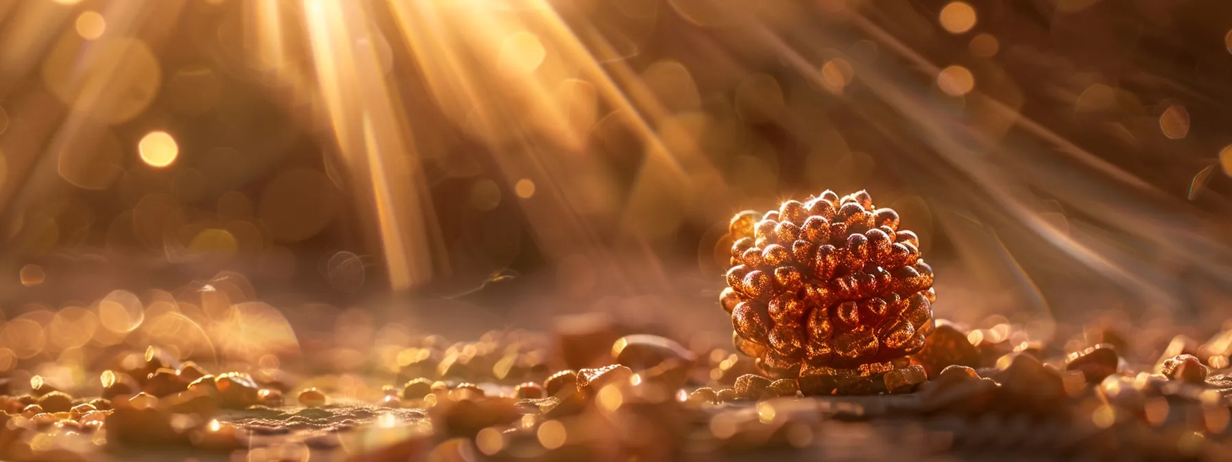 a close-up shot of a shimmering seven mukhi rudraksha bead, radiating a sense of peace and prosperity, symbolizing spiritual growth and devotion.