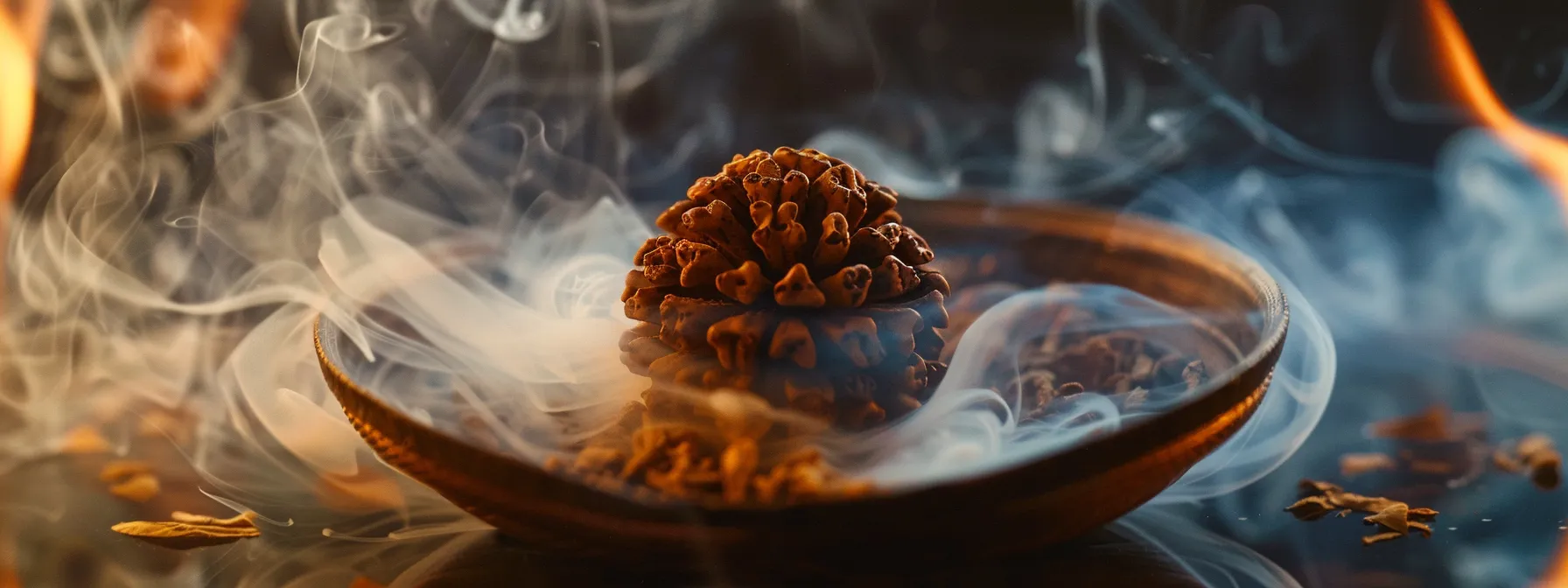 a close-up shot of a gleaming, authentic nine mukhi rudraksha bead being purified with smoke in a sacred space.