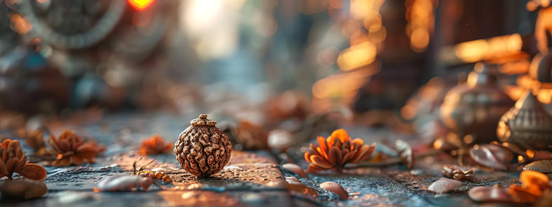 a close-up of a nineteen mukhi rudraksha bead, symbolizing tradition and spirituality, with a blurred background of ancient artifacts and symbols.