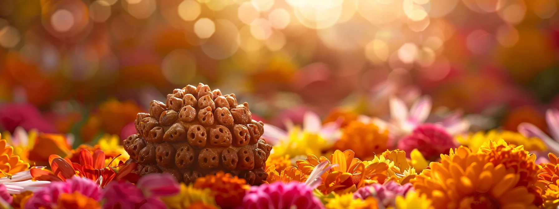 a close-up shot of a gleaming, authentic eleven mukhi rudraksha bead resting peacefully on a bed of fragrant flowers, radiating purity and spiritual energy.