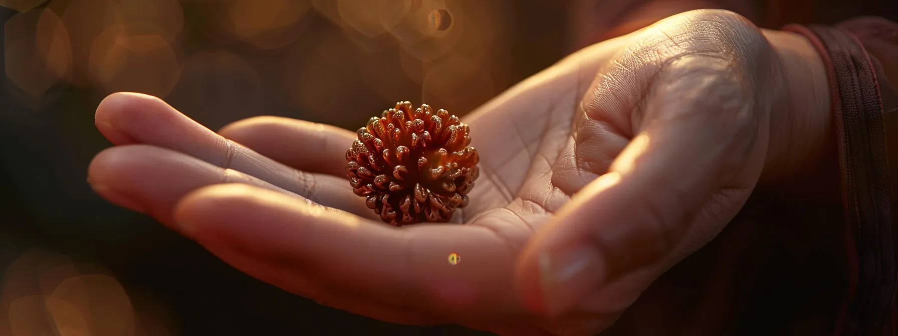 a close-up shot of a shimmering rudraksha bead held between praying hands, capturing its sacred aura and spiritual significance.