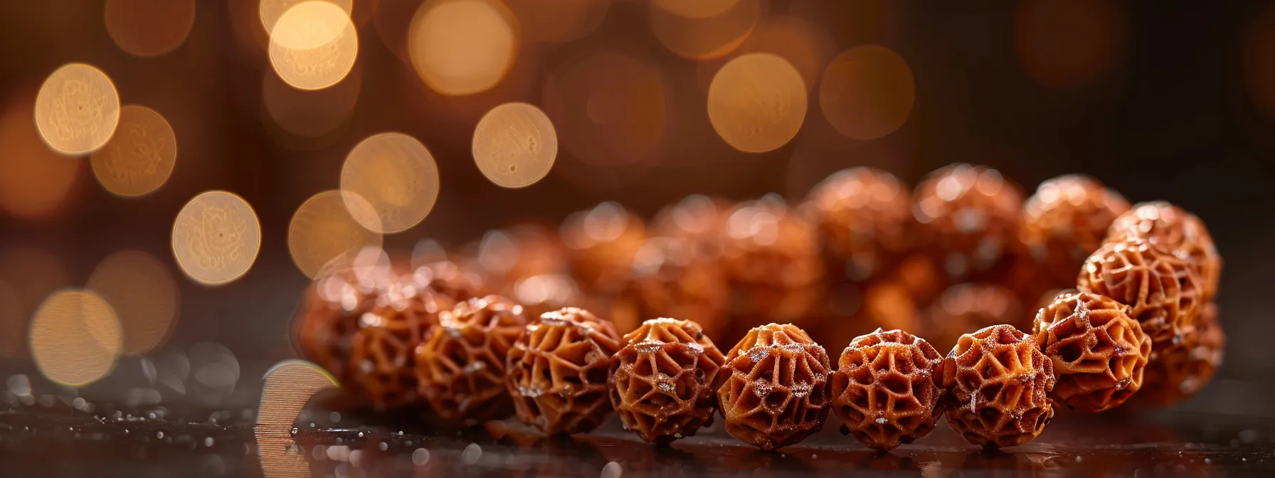 a close-up photo of a string of multifaceted rudraksha beads, each intricately designed, symbolizing the diverse spiritual beliefs and cultural significance in hindu traditions.