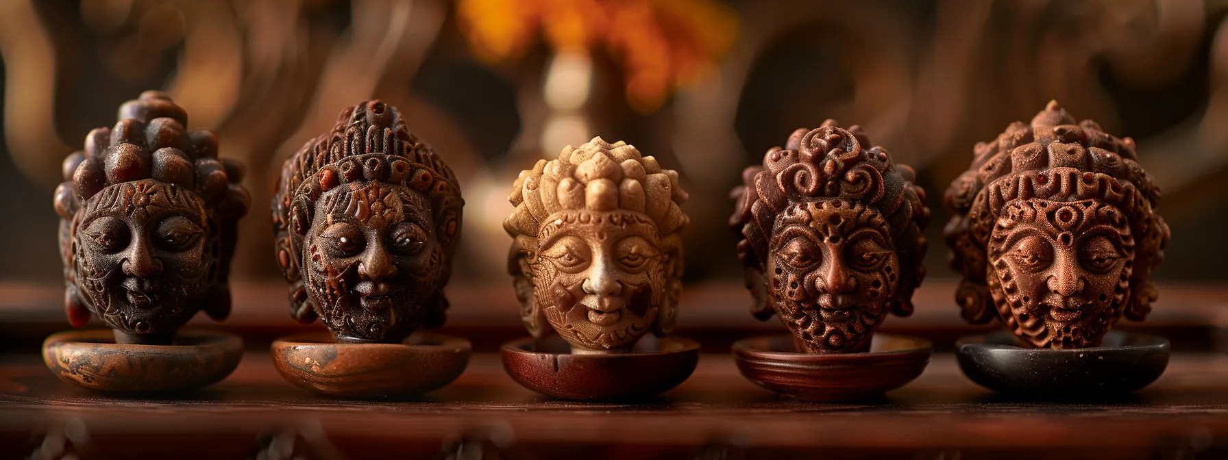 a close-up photo showcasing the unique four faces of the four mukhi rudraksha, emphasizing its intricate details and spiritual significance.