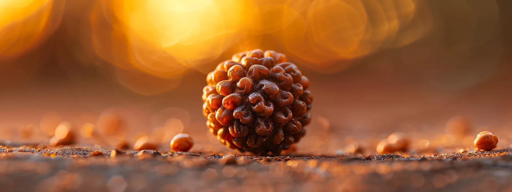 a close-up photo of a vibrant eight mukhi rudraksha bead glimmering with spiritual significance.