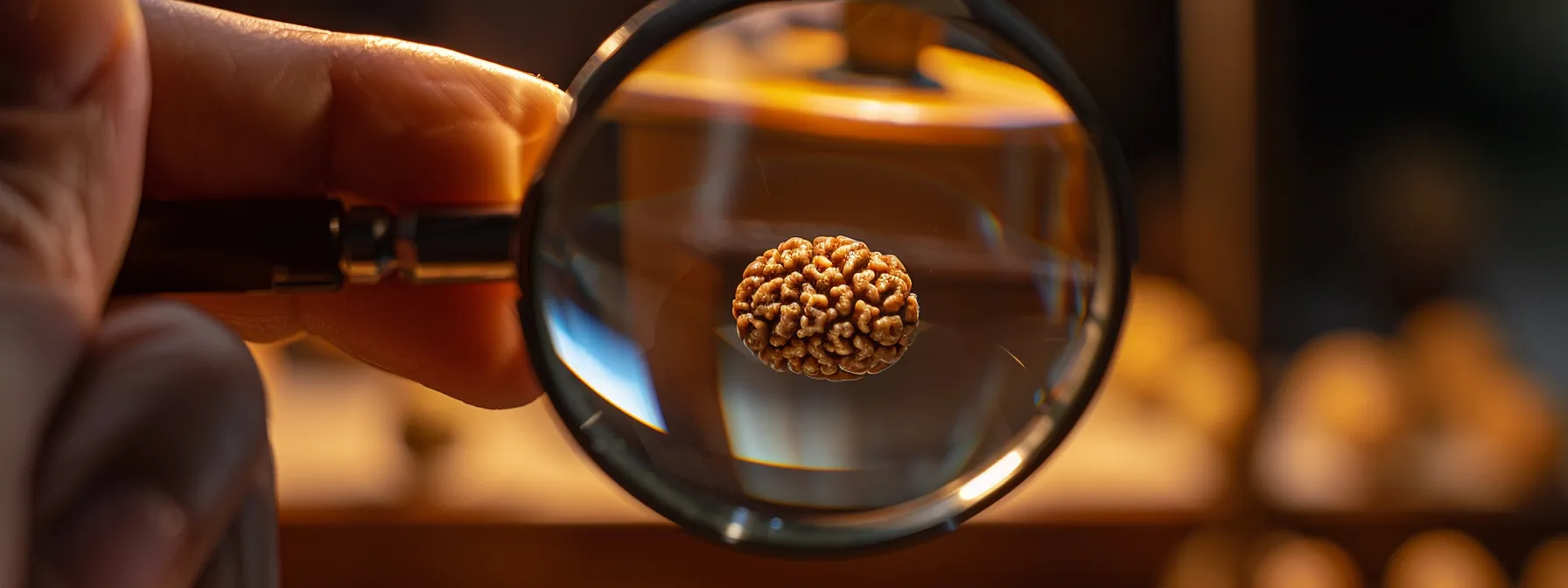 a close-up photo showing a four mukhi rudraksha bead being examined under a magnifying glass for surface characteristics.