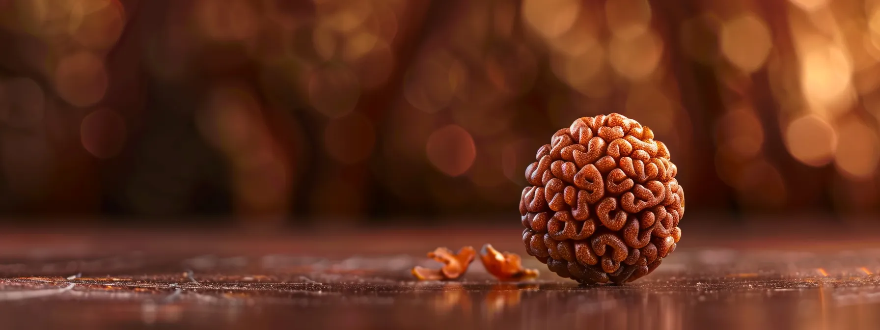 a close-up of a shimmering ten mukhi rudraksha bead, showcasing its intricate ten faces and spiritual significance.